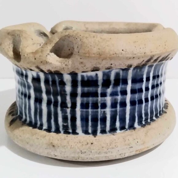 Potter Dish Ashtray Blue White Checkered Stripe Unqiqe Vintage - Picture 4 of 6